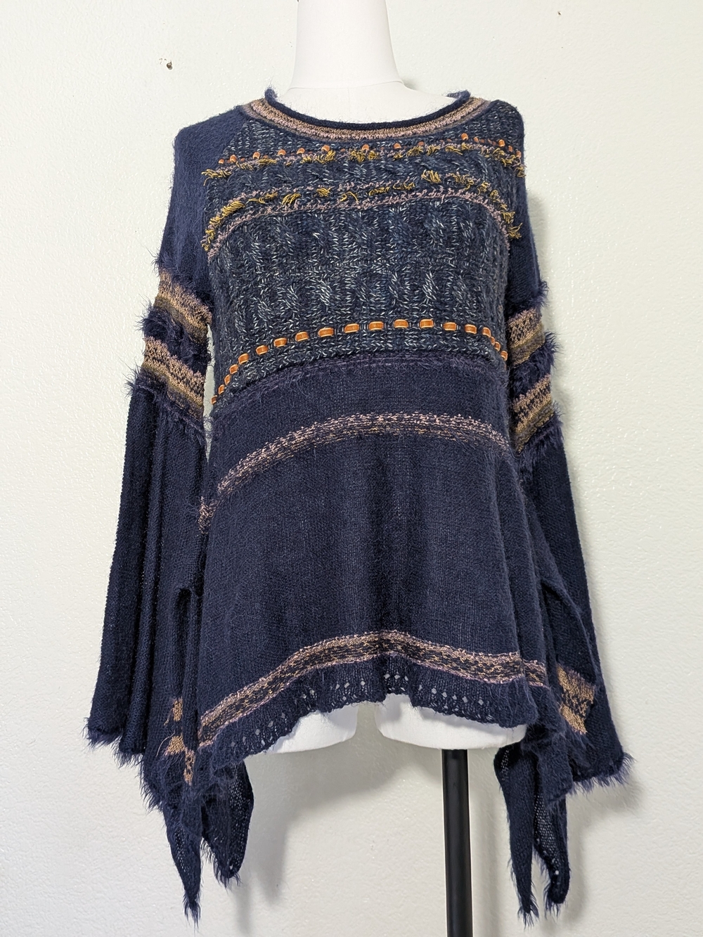 Free People Navy Blue Knit Boho Pullover with Tan Accents